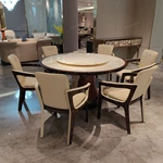 Round Marble Dining Table with smooth Lazy Susan and Button-Tufted Leather Pedestal